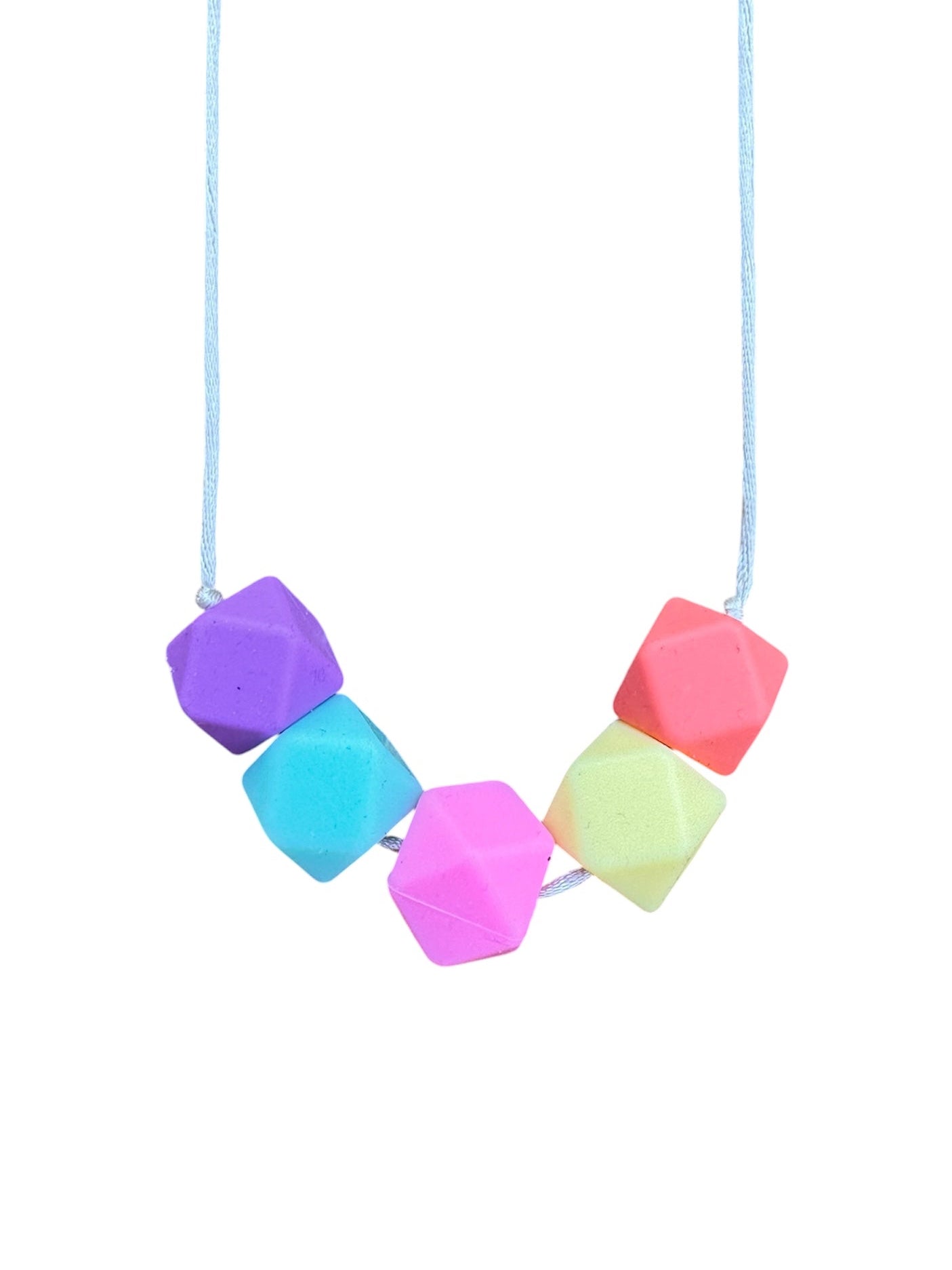 Necklace with colorful geometric beads on a silver background